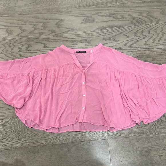 NWOT Zara Pink Butterfly Sleeve Button Down Top - Picture 2 of 5